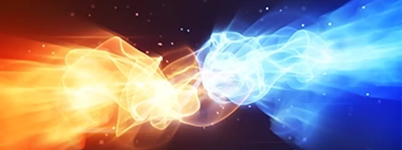 Abstract representation of heat and cold colliding from each side of a circular molecule